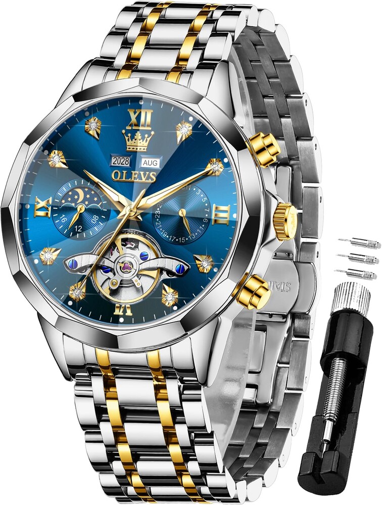 OLEVS Men Automatic Watch Diamond Skeleton Mechanical Luxury Self Winding Moon Phase Calendar Waterproof Wrist Watch for Men