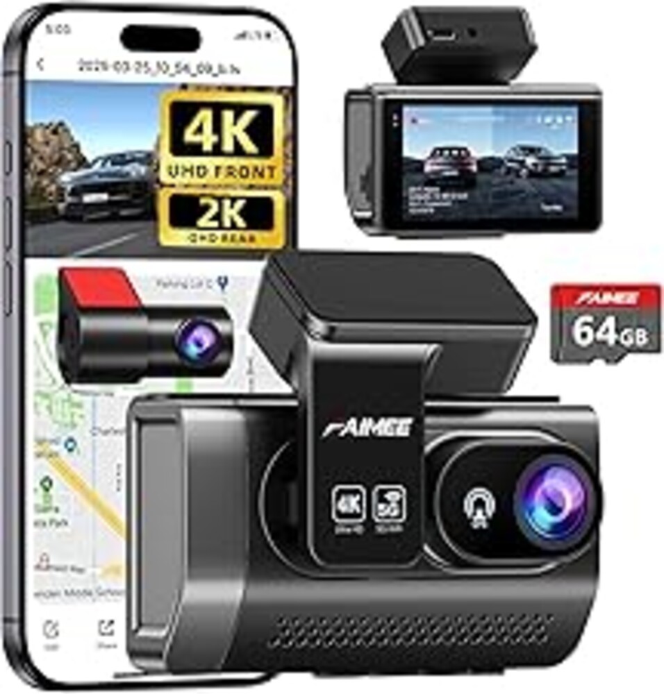 Dash Cam Front and Rear, 4K+2K Recording Dash Camera for Cars, Night Vision with WDR, 170° Wide Angle, 5.8G/2.4G Dual Wi-Fi, 64GB Card, Built-in GPS, G-Sensor Emergency Lock, 24H Parking Monitor