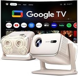 Aurzen BOOM mini Google TV Outdoor Smart Projector with Voice Control, Family Mode, 20W Dolby Audio, WiFi & Bluetooth, 4K Supported Movie Projector for Backyard/Bedroom/Home Theater/Ceiling, Off-white
