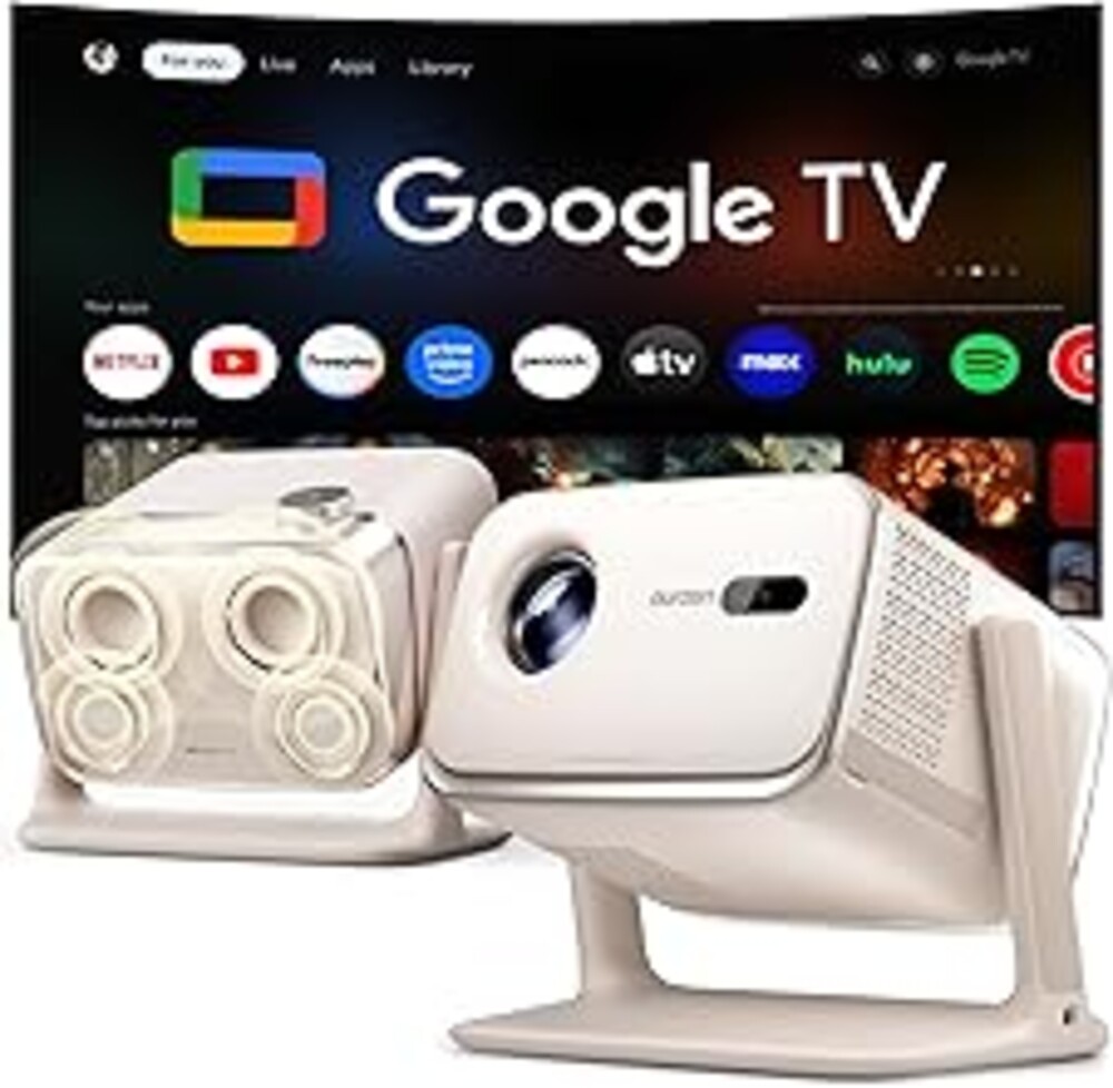Aurzen BOOM mini Google TV Outdoor Smart Projector with Voice Control, Family Mode, 20W Dolby Audio, WiFi & Bluetooth, 4K Supported Movie Projector for Backyard/Bedroom/Home Theater/Ceiling, Off-white
