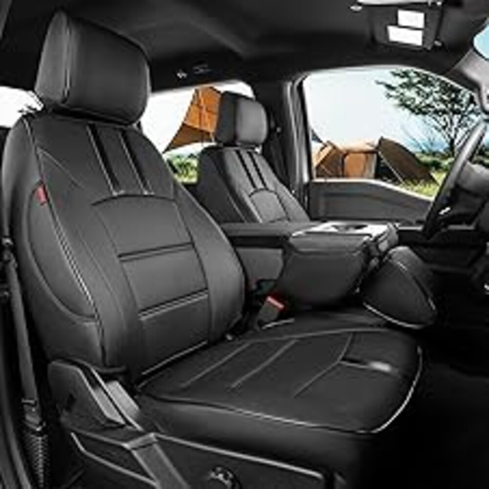 Front F150 Seat Covers for 2021-2026 Ford F150 SuperCrew XL,XLT,STX & Lightning Flash,XLT(2022-2024),for 2023-2026 F250 F350 CrewCab XL,XLT,Fully Covered Truck Leather Seat Protector(2-Pack,Black)
