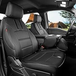 Front F150 Seat Covers for 2021-2026 Ford F150 SuperCrew XL,XLT,STX & Lightning Flash,XLT(2022-2024),for 2023-2026 F250 F350 CrewCab XL,XLT,Fully Covered Truck Leather Seat Protector(2-Pack,Black)