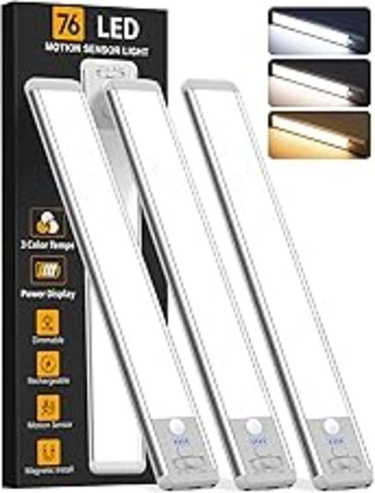 Under Cabinet Lighting Wireless, Rechargeable 10inch Motion Sensor Light Indoor, 3 Color Closet Light Battery Operated with LED Power Display, Magnetic Under Counter Lights for Kitchen, Home (3Pack)