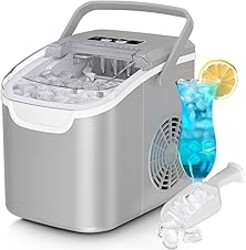 Countertop Ice Maker Machine, 8 Ice Cubes in 6 mins, 26lb/Day Bullet Ice with 2 Sizes- Portable Mini, Energy Saving & Basket/Scoop for Home/Party/Travel/Camping/Bar,Grey