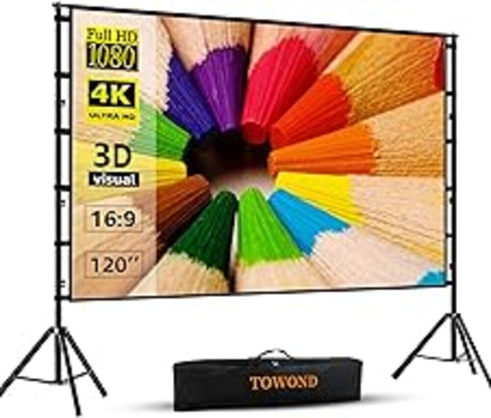 TOWOND Projector Screen and Stand, 120 inch Outdoor Projection Screen, Portable 16:9 4K HD Rear Front Movie Screen with Carry Bag Wrinkle-Free Design for Home Theater Backyard Cinema
