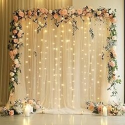 Xiomot Tulle Backdrop Curtain with Lights String 10FT X 8FT Champagne Sheer Tulle Backdrop Curtains for Wedding Birthday Party Reception Photo Booth Background Decorations (2 Panels 5x8FT)