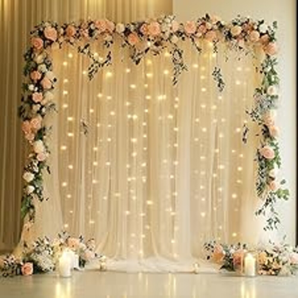 Xiomot Tulle Backdrop Curtain with Lights String 10FT X 8FT Champagne Sheer Tulle Backdrop Curtains for Wedding Birthday Party Reception Photo Booth Background Decorations (2 Panels 5x8FT)