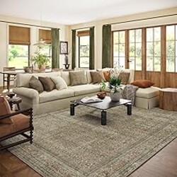 Washable Area Rugs for Living Room: 9x12 Bedroom Rug Boho Vintage Rugs Stain Resistant Non Slip Low Pile Lightweight Soft Carpets for Dining Room Kitchen Nursery Kids Room Farmhouse Living Room