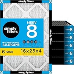 Simply 16x25x4 Air Filter MERV 8, 6 Pack, For Home AC Furnace & HVAC (Actual Size: 15.5"x24.5"x3.63") DUST Pet & Allergy Control
