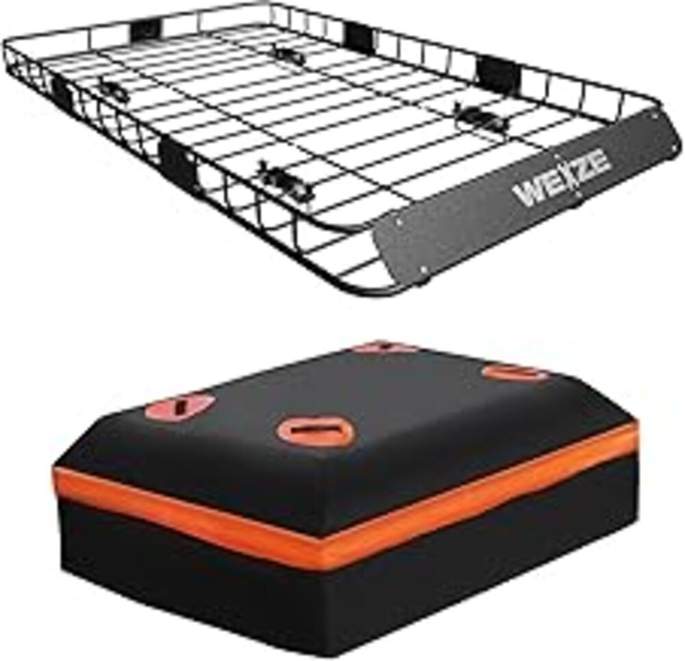 WEIZE 54" x 34" Heavy Duty Roof Rack Basket, 200LBS Universal Rooftop Cargo Basket with Waterproof Bag, Cargo Net & Tie Down Straps, Steel Luggage Holder for Car SUV Truck