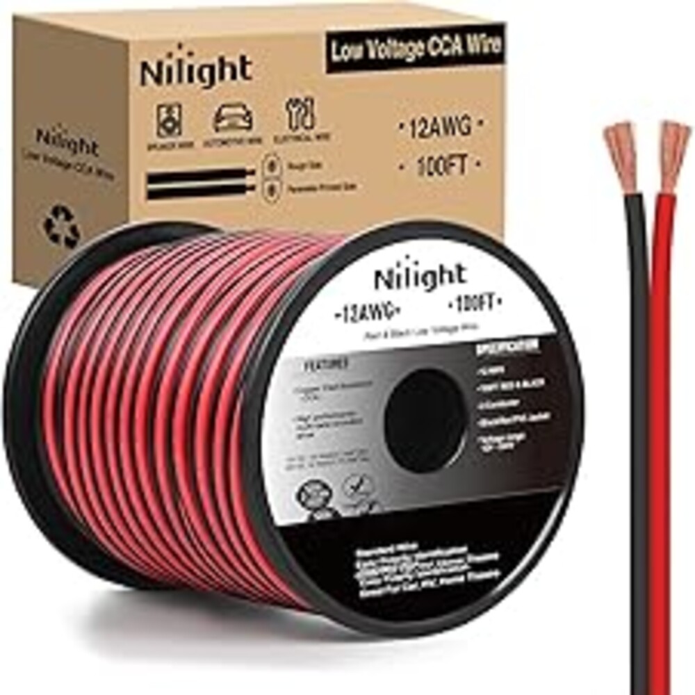 Nilight 100FT 12AWG Copper Clad Aluminum Wire 12/2 Gauge Red Black CCA Electrical Cable 2 Conductor Parallel 12V/24V DC Flexible Extension Cords for Car Audio Radio Speaker Amplifier