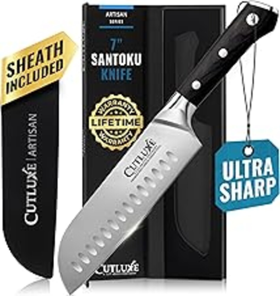 Cutluxe Santoku Knife – 7" Chopping Knife, Meat and Vegetable Knife – Forged High Carbon German Steel – Sheath Included – Full Tang & Razor Sharp – Ergonomic Handle Design – Artisan Series