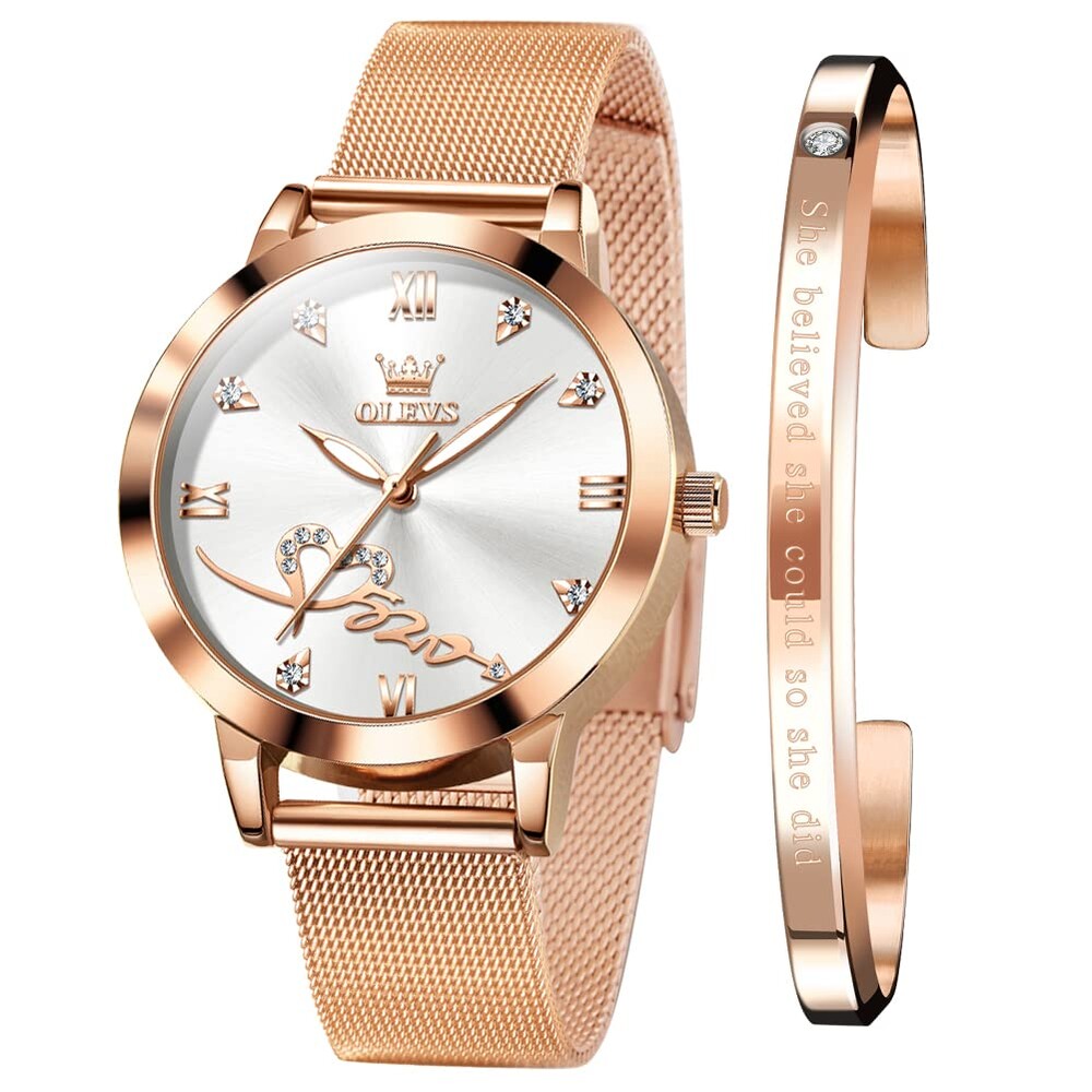 OLEVS Rose Gold Watch for Women Mesh Strap Fashion Dress Hearts Japanese Quartz Waterproof Luminous Ladies Watches Bracelet Sets