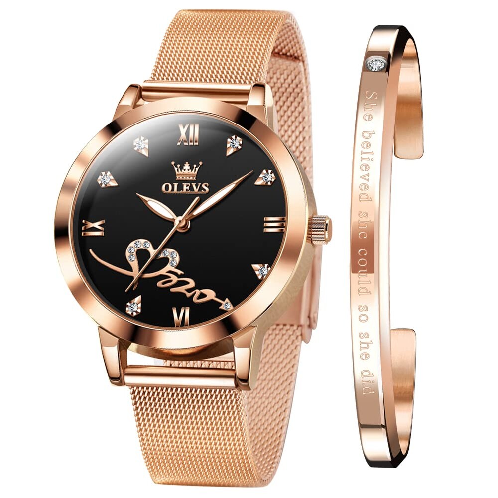 OLEVS Rose Gold Watch for Women Mesh Strap Fashion Dress Hearts Japanese Quartz Waterproof Luminous Ladies Watches Bracelet Sets