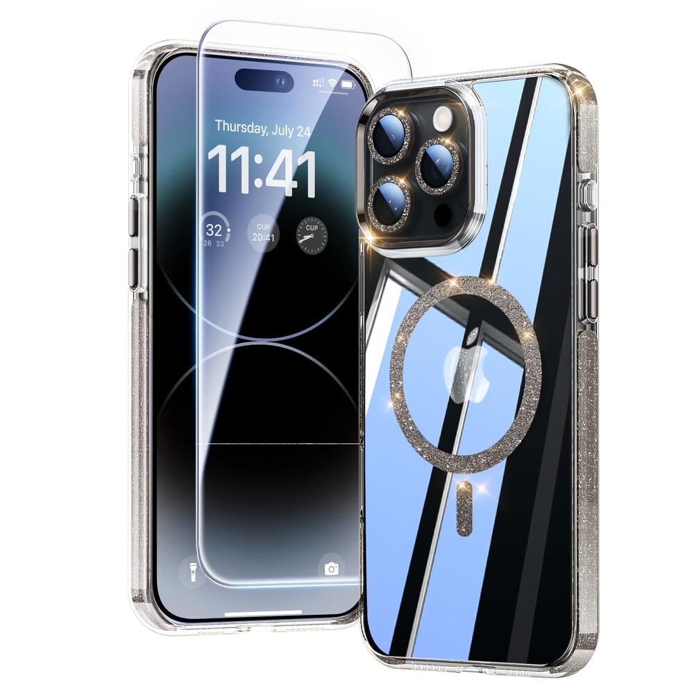 Glitter 3 in 1 for iPhone 16 Pro Max Case with Shiny Camera Cover, [Seamless Work with Magsafe] [1x Screen Protector], Cute Stylish Women Girly Magnetic Phone Case for iPhone 16 Pro Max 6.9'', Black