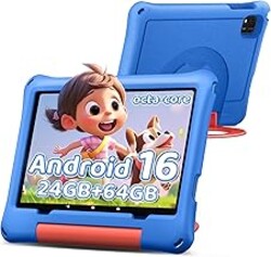 aiprotablet 10 inch Kids Tablet, Android 16 Tablet for Kid, Octa-Core CPU, 24GB RAM, 64GB ROM 1TF Card Expandable for Toddler Children,Tablets with Case, Parental Control, 6000mAh,WiFi, BT5.0 (Blue)