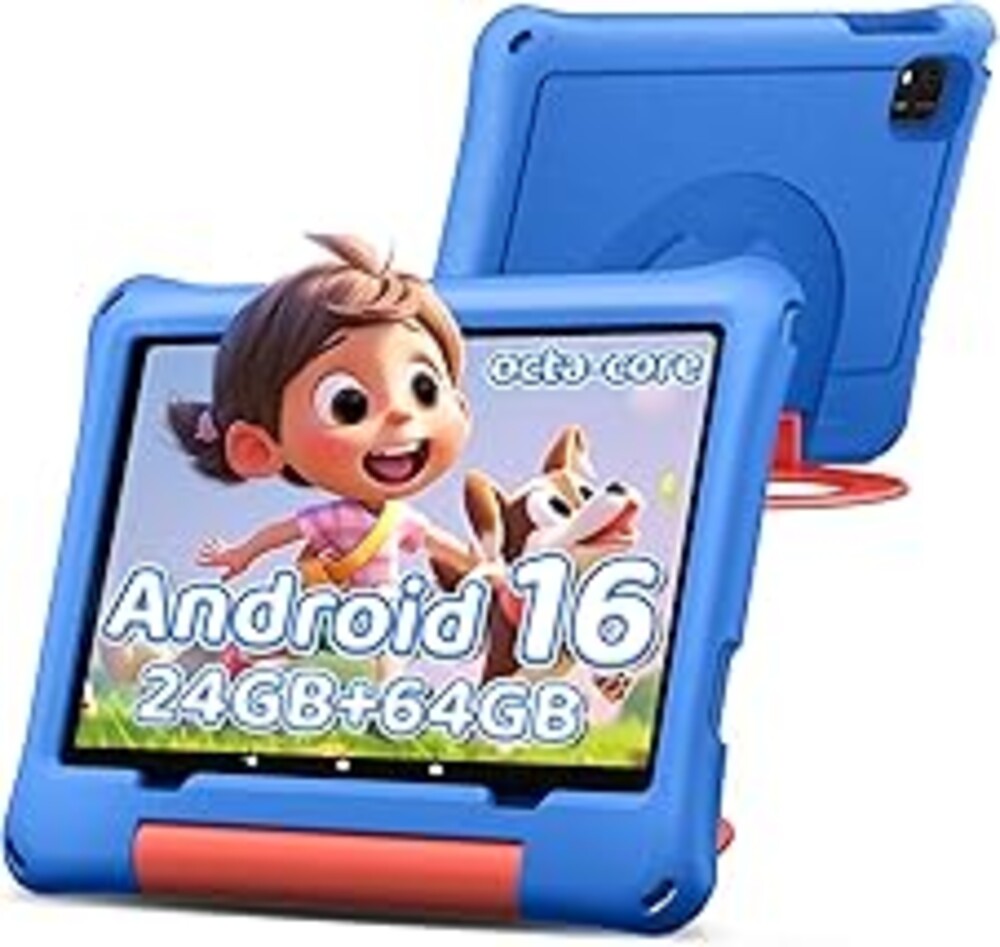 aiprotablet 10 inch Kids Tablet, Android 16 Tablet for Kid, Octa-Core CPU, 24GB RAM, 64GB ROM 1TF Card Expandable for Toddler Children,Tablets with Case, Parental Control, 6000mAh,WiFi, BT5.0 (Blue)