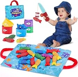 hahaland Montessori Toys for 1 Year Old Boy Girl Birthday Gift - 10 in 1 Cloth Fishing Game Toddler Toys with Stacking Cups - Number Counting, Color Sorting Learning