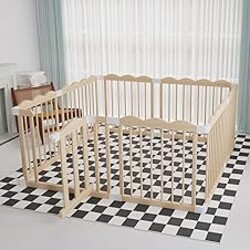 Baby Playpen, Wooden Playpen for Babies and Toddlers, Large Adjustable Wooden Baby Playard with Locking Gate, Easy to Assemble, Portable Play Pen, Infant Play Pen Play Area(47x62x24 Inch)