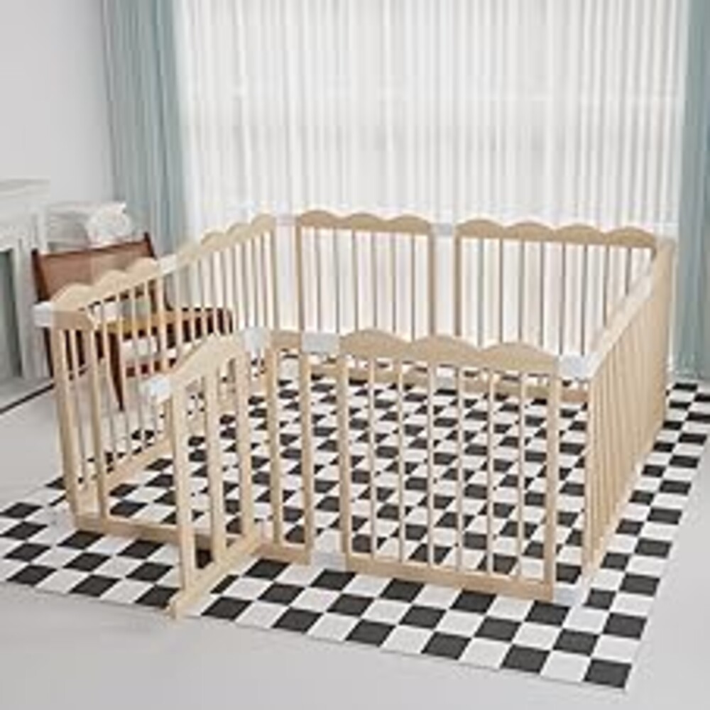 Baby Playpen, Wooden Playpen for Babies and Toddlers, Large Adjustable Wooden Baby Playard with Locking Gate, Easy to Assemble, Portable Play Pen, Infant Play Pen Play Area(47x62x24 Inch)