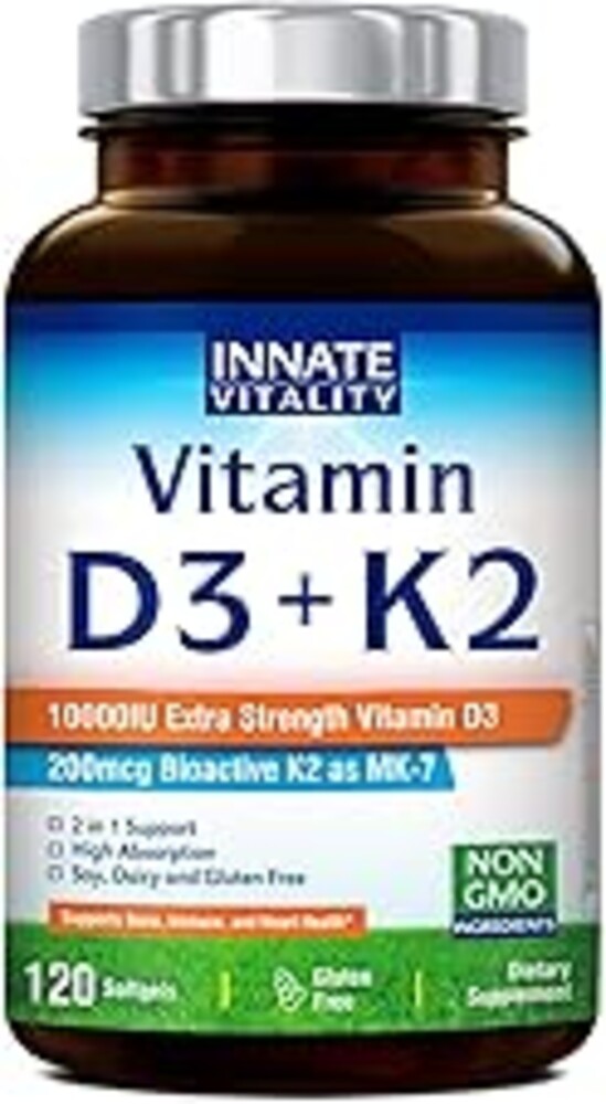 Innate Vitality Vitamin D3 K2 Supplement, High Potency Vitamin D3 10000 IU & Vitamin K2 (MK-7) 200 mcg, Supports Bone, Teeth, Heart & Immune Health, Non-GMO, Gluten Free, 120 Softgels