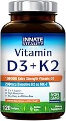 Innate Vitality Vitamin D3 K2 Supplement, High Potency Vitamin D3 10000 IU & Vitamin K2 (MK-7) 200 mcg, Supports Bone, Teeth, Heart & Immune Health, Non-GMO, Gluten Free, 120 Softgels