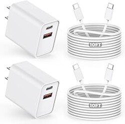 10FT iPhone 17/16e Fast Charger,2Pack 20W Dual Port USB C+A Power Adapter 10Foot Long USB C to C Fast Charging Cable Cord Quick Charging for iPhone 17 Air/17 Pro/17 Pro Max/16/16 Pro/15/15 Pro/Pro Max