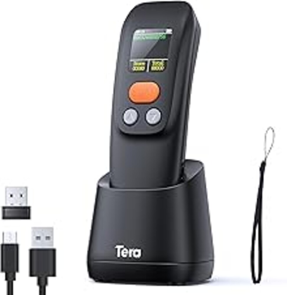 Tera Barcode Scanner Wireless Portable: 1.4" Large LCD Screen 1200mAh Battery with Charging Cradle Ergonomic Design 1D 2D QR Works with Bluetooth 2.4G Wireless USB Wired Bar Code Reader Model 1600