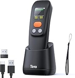 Tera Barcode Scanner Wireless Portable: 1.4" Large LCD Screen 1200mAh Battery with Charging Cradle Ergonomic Design 1D 2D QR Works with Bluetooth 2.4G Wireless USB Wired Bar Code Reader Model 1600