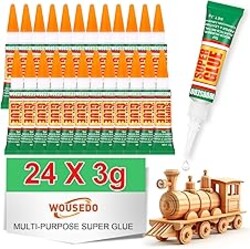 WOUSEDO 24 X 3g Super Glue Clear, Strong Adhesive,Super Glue Fast Drying Cyanoacrylate Glue for Wood,Rubber,Leather, Plastic, Metal, Rhinestone Jewelry, DIY Crafts and More