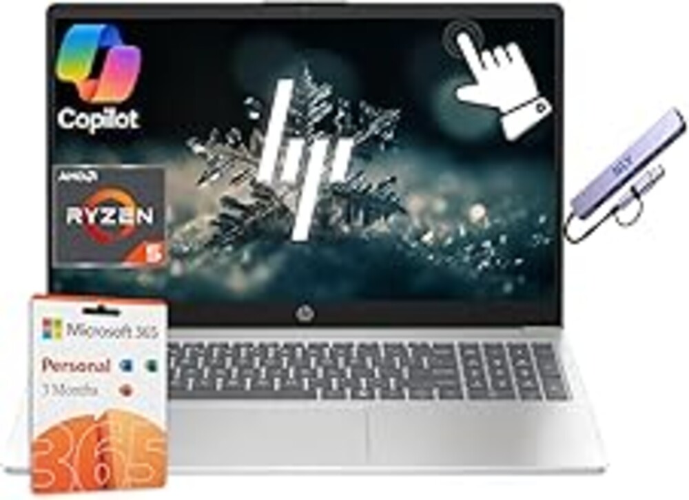 HP 15.6" FHD Touchscreen Business Laptop Computer with Microsoft Office 365, AMD Ryzen 5 Processor, Windows 11 Laptop 8GB RAM 512GB Storage (256GB SSD+256GB Docking Set), NLY Earphones, Silver