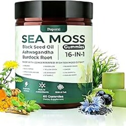 Buporai Sea Moss Gummies 16-1, Black Seed Oil Ashwagandha Turmeric Bladder Wrack Vitamin C Vitamin D3 Elderberry Manuka Dandelion Yellow Dock Apple Cider Vinegar for Men & Women