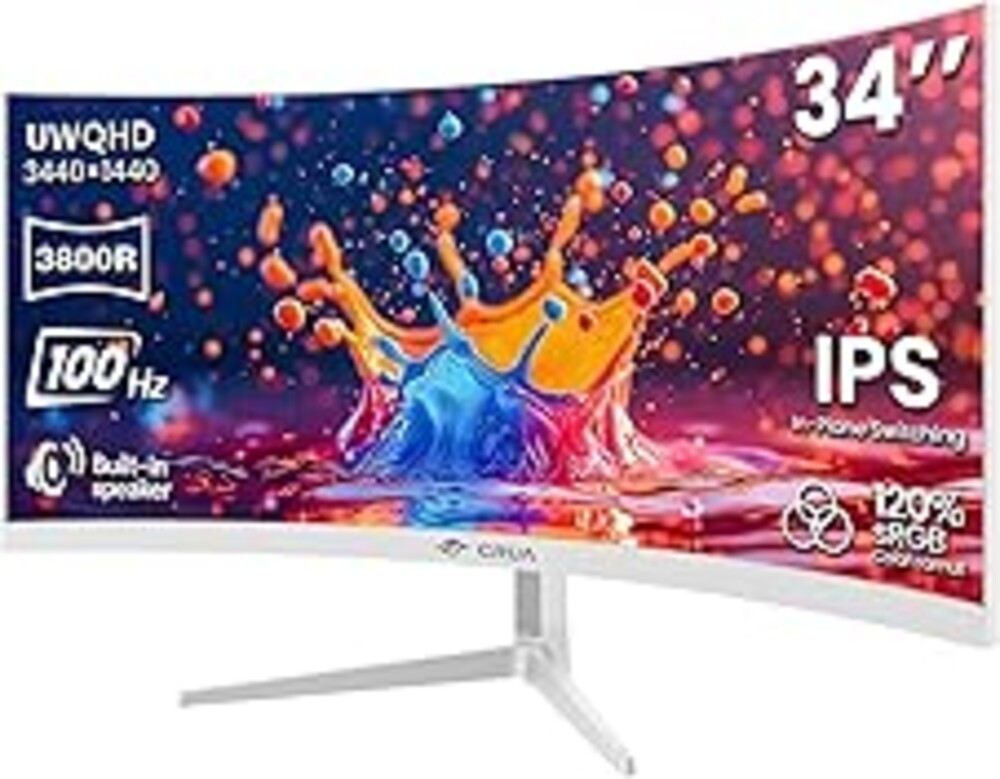 CRUA 34 Inch Ultrawide Curved Monitor, 21:9 UWQHD 3440x1440 100Hz 3800R IPS White Computer Monitors, FreeSync, Built-in Speakers, 120% sRGB, Blue Light Filter, HDMI 2.0 & DP 1.4, Wall Mountable
