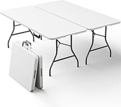 2 Pack Folding Table 6ft - Heavy Duty Plastic Table with Handle, Foldable & Portable, Fold-in-Half Utility Tables for Outdoor, Dining, Wedding, Events, Indoor, Picnic, Camping, Party(White)
