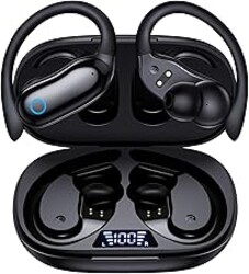 GNMN Active Noise Cancelling Ear Buds Wireless Earbuds 96hrs Playback Bluetooth Headphones Dual Battery Display Stereo Bass Earphones with Earhooks Microphone IPX7 Waterproof for Sports/Runing/Workout