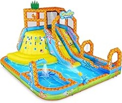 Sunny & Fun SpongeBob Mega Climb N’ Go Inflatable Water Slide Park – Heavy-Duty for Outdoor Fun - Climbing Wall, 2 Slides, Splash Pool – Easy to Set Up & Inflate with Included Air Pump & Carrying Case