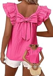 Falechay Womens Bow Tie Back Tops Round Neck Ruffle Short Sleeve Shirts Cute Babydoll Chiffon Tee Women Summer Trendy Tunic
