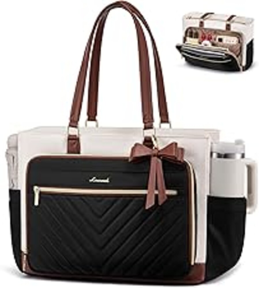 LOVEVOOK Teacher Tote Bag for Women, Work Laptop Bag Gift with Large Cup Holder, Quilted Nurse Bag Diaper Tote with Multi-Pockets, Large Computer Handbag Purse for Bussiness Travel, Office, College