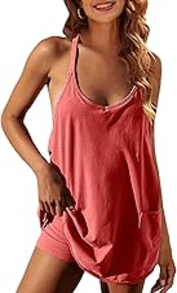 Zhiyouni Women's Summer Sleeveless Mini Dress V Neck Spaghetti Straps Athletic Built-in Shorts Sundress