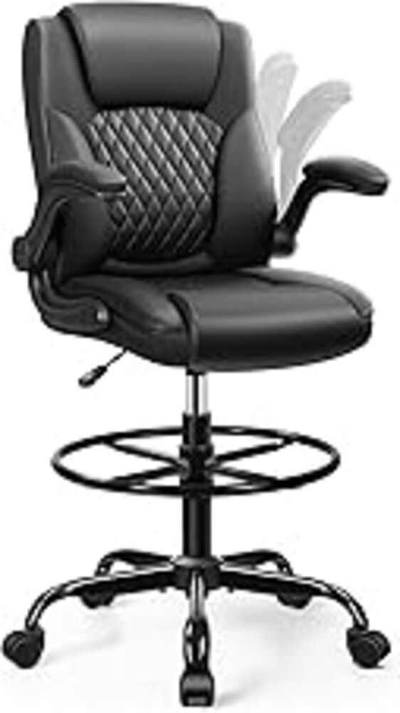 Drafting Chair, Tall Office Chair for Standing Desk, High Executive Leather Ergonomic Computer Chair with Adjustable Height and Flip-Up Armrest for Counter Height Desk, Black, Pack of 1
