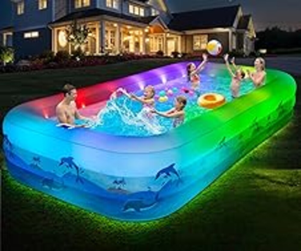 Extra Large Inflatable Pool with Lights - 145" x 74" x 22" Swimming Pool for Adults with Solar Powered, Blow Up Pool for Backyard (Air Pump Not Included)