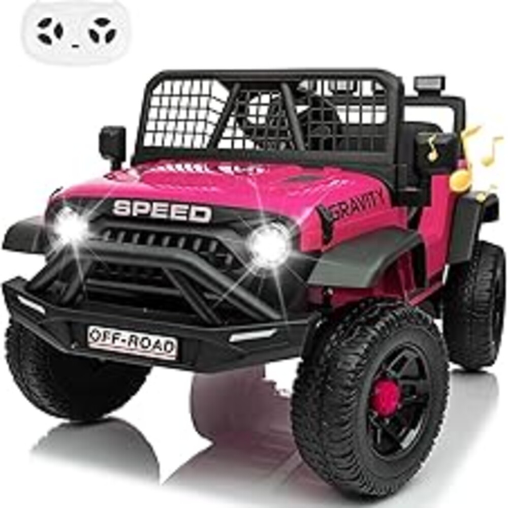 Blissride 24V Jeep Power Wheels w/Remote Control, 4WD Ride on Truck Car, 3 Speed, Bluetooth Music, Wide Seat, Spring Suspension, LED Light, Birthday for Boys Girls Toddler (Black+Pink)
