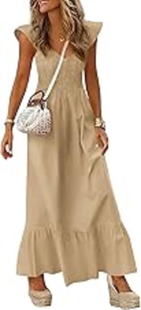PRETTYGARDEN Women's 2026 Summer Casual Maxi Dresses Cap Sleeve V Neck Smocked Long Pockets Party Sundress Vacation Outfits