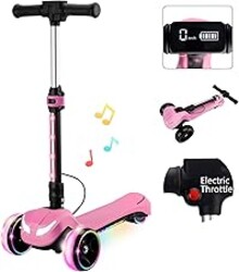 24V Electric Scooter for Kids w/150W Powerful Motor, Thumb Throttle, LCD Screen, Bluetooth, Light-Up Stem Deck & Wheels, 3 Adjustable Heights, 5MPH Safe Speed, 3 Wheel Electric Scooter for Kids