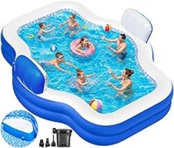 Inflatable Swimming Pool with Seat Pump, 121" X 90" X 22" Blow-Up Pool for Kids Adults Oversized Thickened Kiddie Pool Family Full Sized Inflatable Pools for Garden, Backyard, Outdoor Water Party