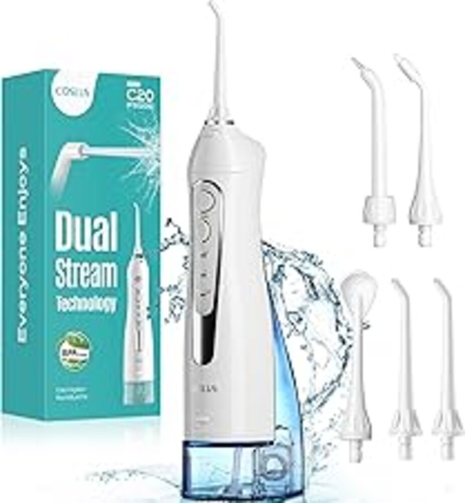 COSLUS Water Dental Flosser Teeth Pick C20: ADA Accepted, Portable Cordless Oral Irrigator 300ML Rechargeable Travel Irrigation Cleaner IPX7 Waterproof Electric Flossing Machine for Teeth, White