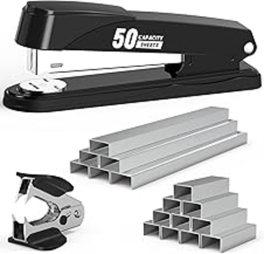 Metal Stapler Heavy Duty 50 Sheet Capacity with 1750 Staples and Staple Remover, Full Strip Staplers for Desk, No Jam, Non-Slip for Office & Classroom, Black