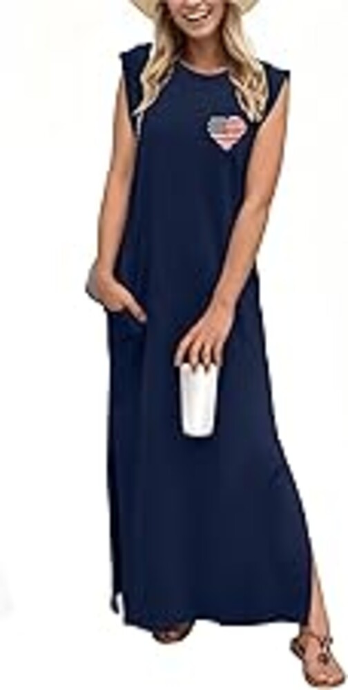 GRECERELLE 2026 Women Year-Round Casual Round Neck Loose Split Wrinkle-Free Long Maxi Vacation Dress with Pockets (XXS-4XL)