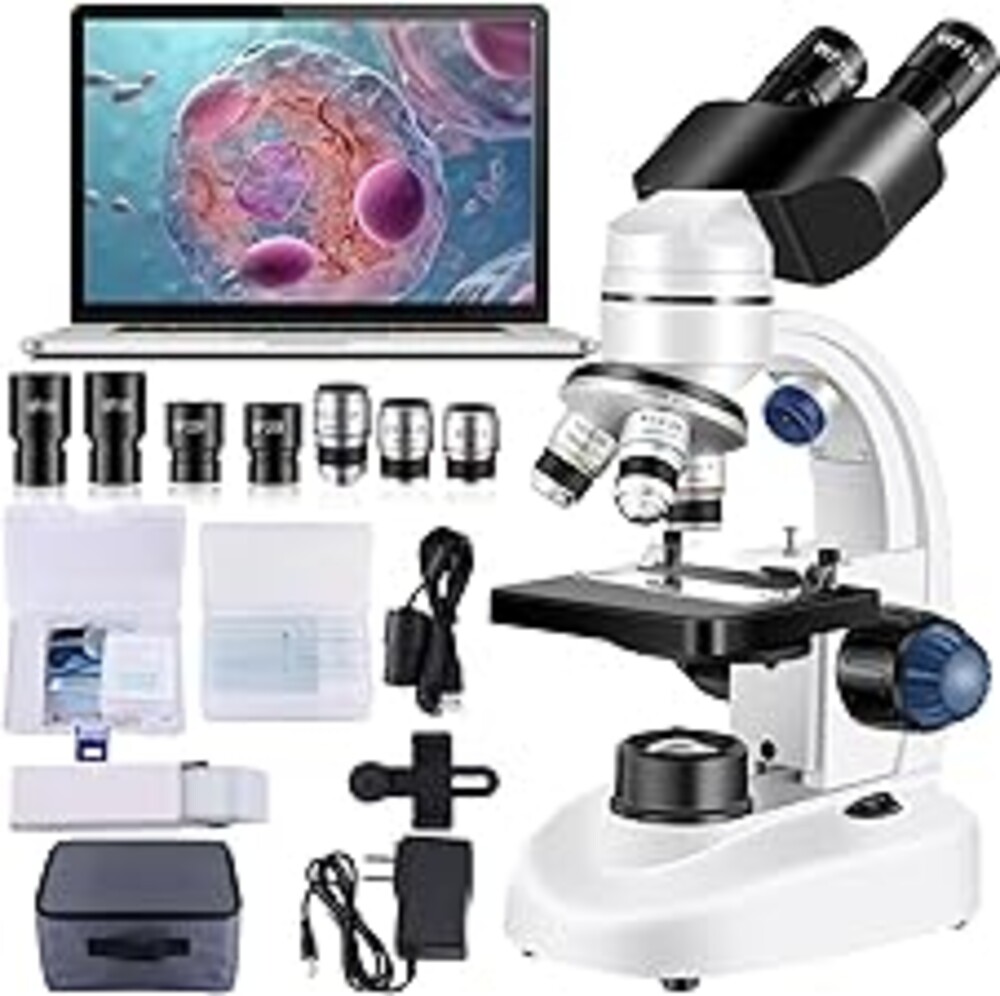 Woehrsh Microscope for Adults WF10x and WF25x eyepieces, 40X-2000X Magnification USB Camera, Microscope for Adults Suitable for Laboratory School Home Education（White Microscope）