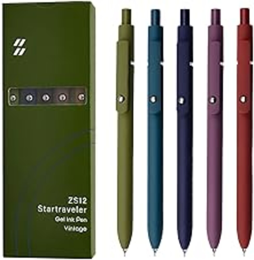 UIXJODO Gel Pens, 5 Pcs 0.5mm Black Ink Pens Fine Point Smooth Writing Pens with Silicone Grip, High-End Series Metal Clip Retractable Pens for Journaling Note Taking (Vintage)